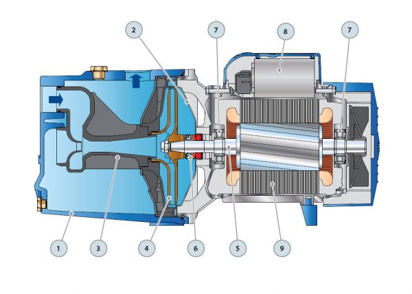 Строение насоса: 1 – корпус, 2 – крышка, 3 – рабочее колесо, 4 – ведущий вал, 5 – механическое уплотнение, 6 – подшипники, 7 – конденсатор, 8 – электродвигатель
