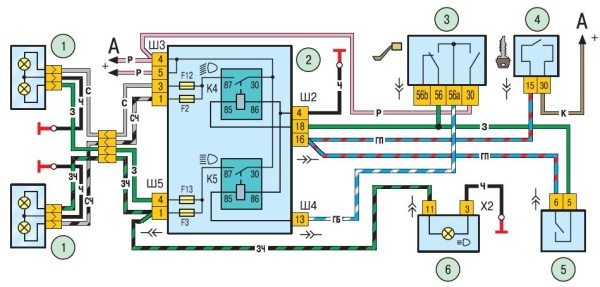 Схема электропроводки ближнего и дальнего света Chevrole Niva