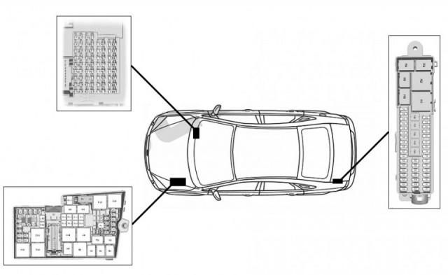 На схеме отмечены места расположения блоков в автомобиле Фокус 3. Один находится под капотом, второй - в салоне автомобиля, а третий - в багажнике