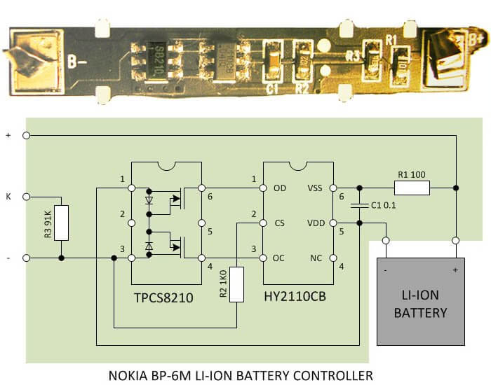 Фотография и электрическая схема внутреннего контроллера заряда батареи NOKIA