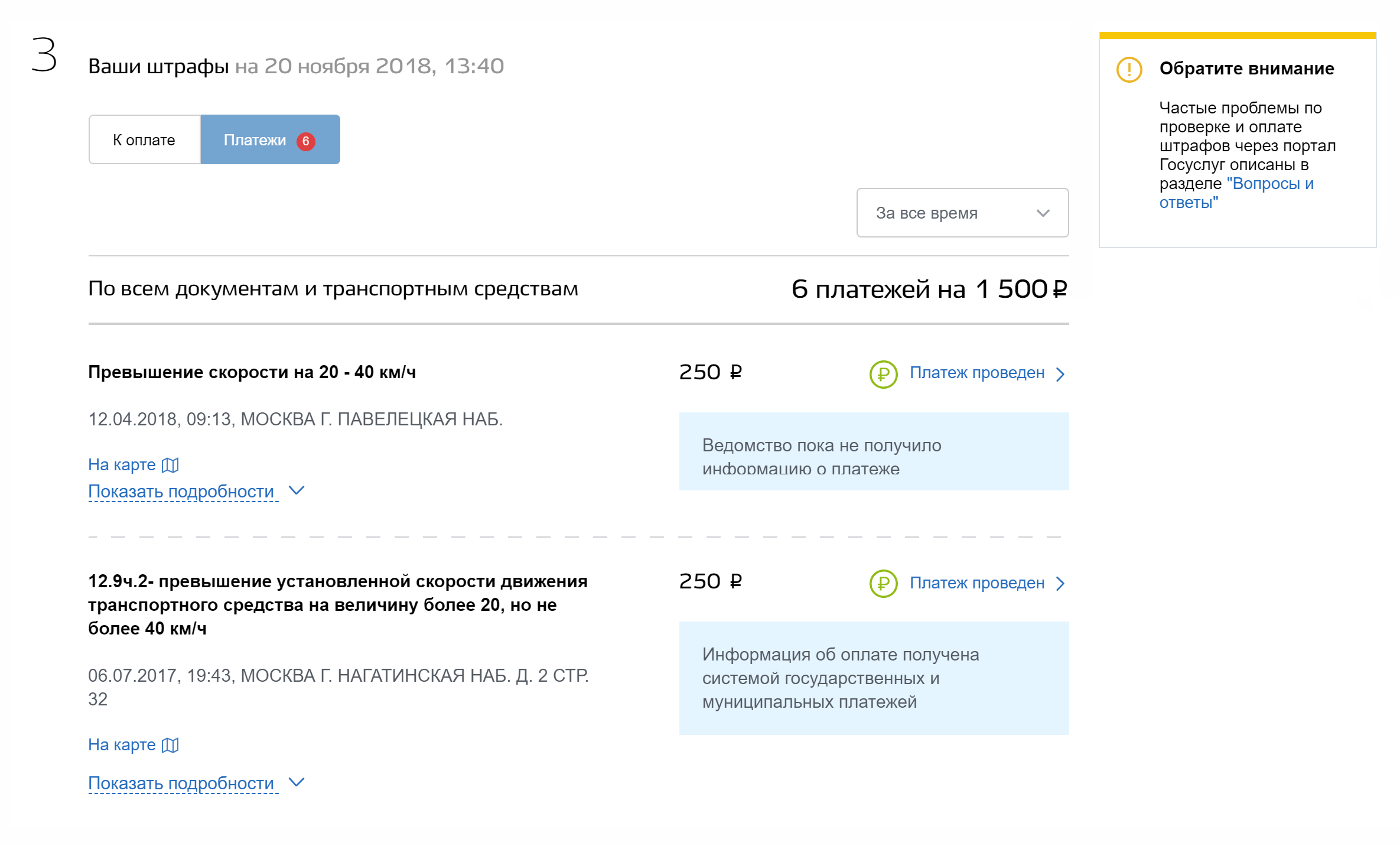 По каждому штрафу есть подробная информация: дата, время, адрес и характер правонарушения. Для оплаченных штрафов указаны дата, сумма и способ оплаты