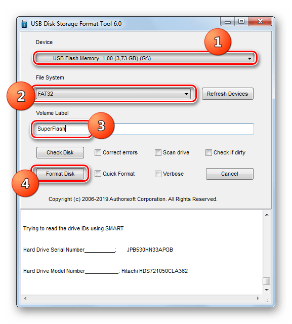 Запуск форматирования флешки в файловую систему FAT32 в программе HP USB Disk Storage Format Tool