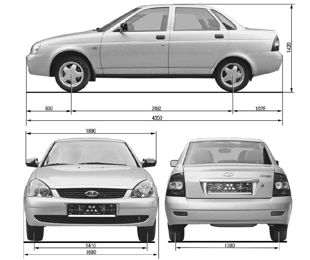 Габаритные размеры автомобиля Lada Priora (мм)