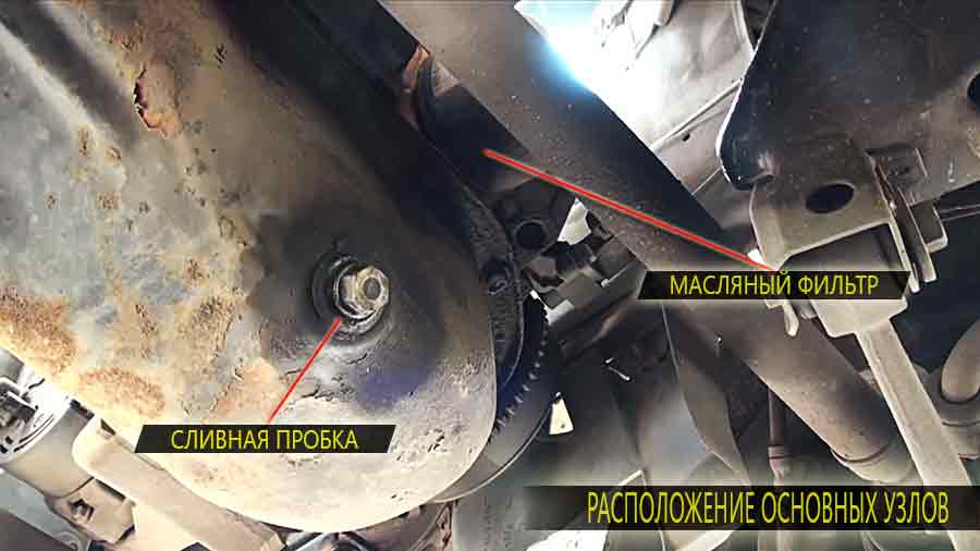 Расположение сливной пробки и масляного фильтра на двигателе ВАЗ 2111