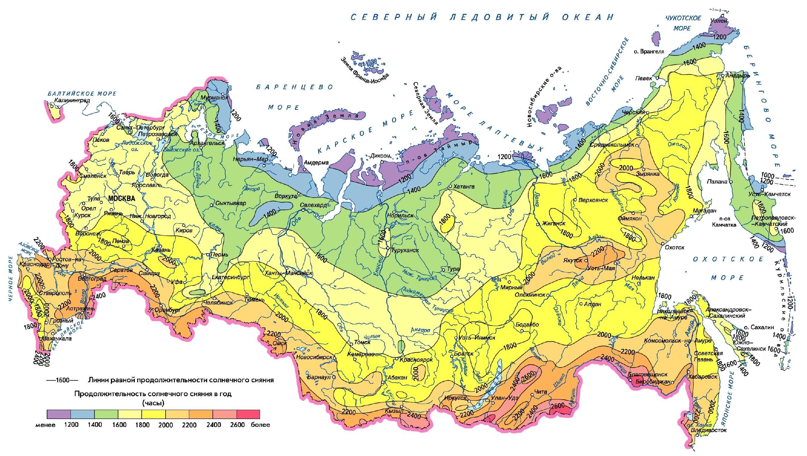 Карта продолжительности солнечного сияния в России