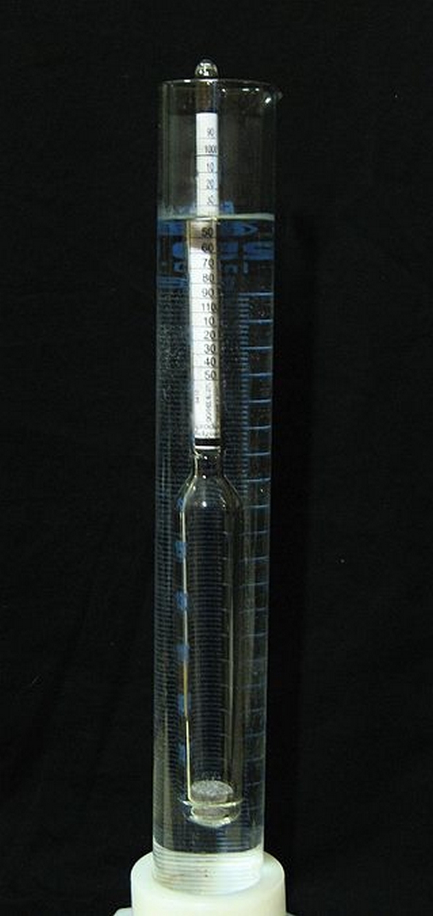 Процесс измерения плотности жидкости при помощи ареометра