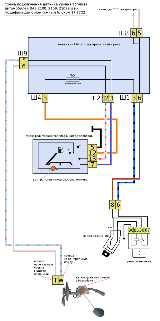 схема датчик уровня топлива 2108, 2109 до 1998
