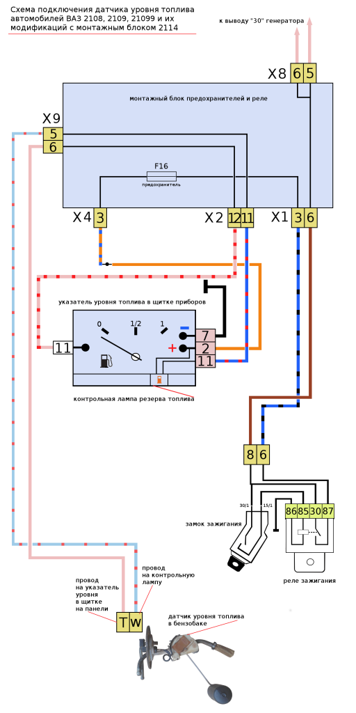 датчик уровня топлива 2108, 2109 до 1998 схема