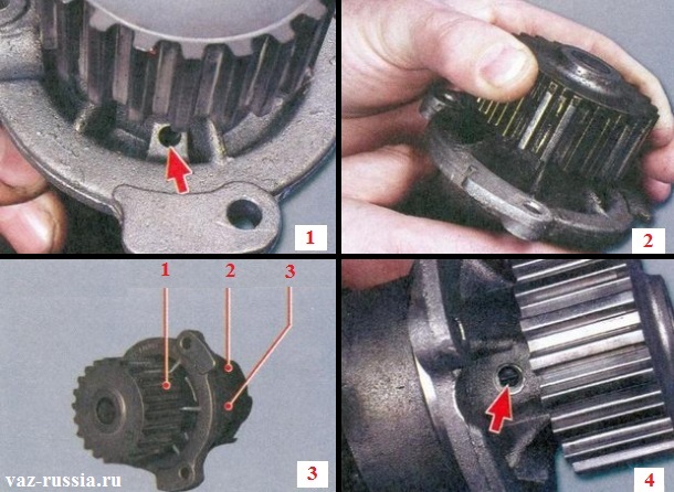 Водяной насос, дренажное отверстие в нём, её шкив и стопорный винт подшипника помпы