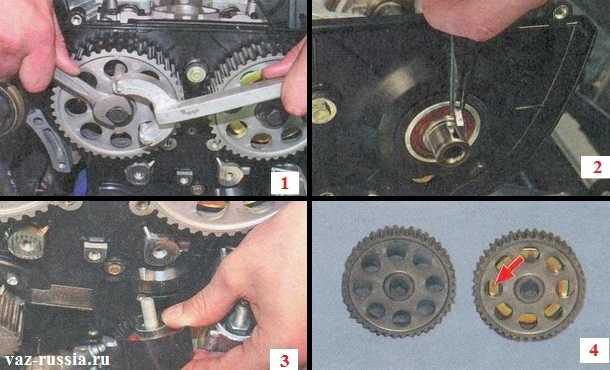 Снятие шкивов с распределительных валов и снятие опорного ролика с двигателя автомобиля